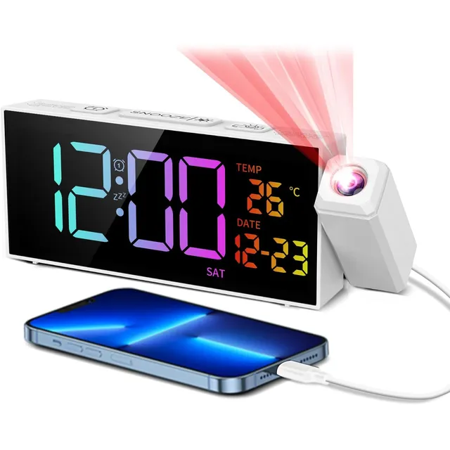 Netzu Projection Alarm Clock with Date & Temperature – White, RGB digits