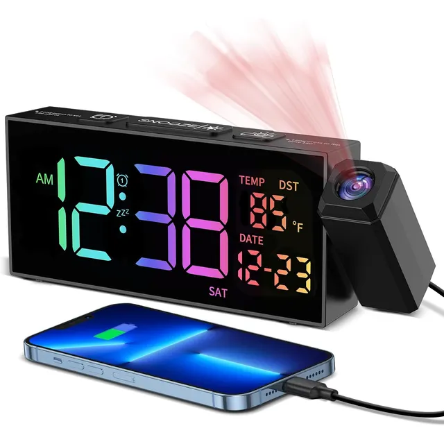 Netzu Projection Alarm Clock with Date & Temperature – Black, RGB digits