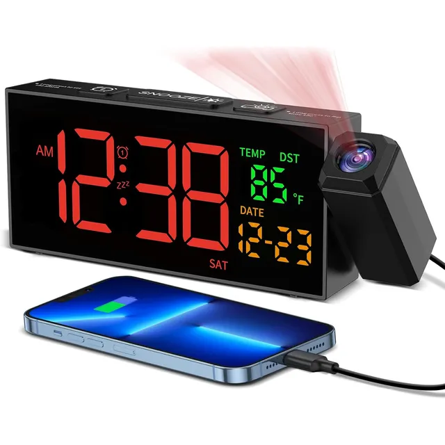 Netzu Projection Alarm Clock with Date & Temperature – Black, red digits
