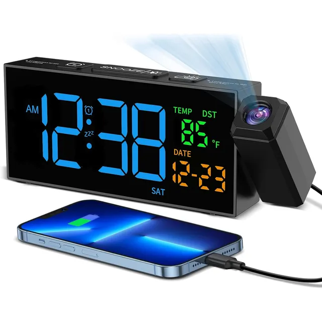 Netzu Projection Alarm Clock with Date & Temperature – Black, blue digits